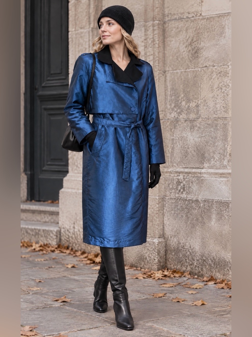 Wool-Lined Metallic Blue & Black Trench Coat• Fall Blue Hour Layer + Bonus Scarf